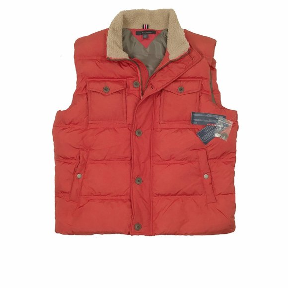 NEW $189 Tommy Hilfiger Down Puffer Vest!  L  Orange With Faux Shearling Collar - Picture 1 of 2